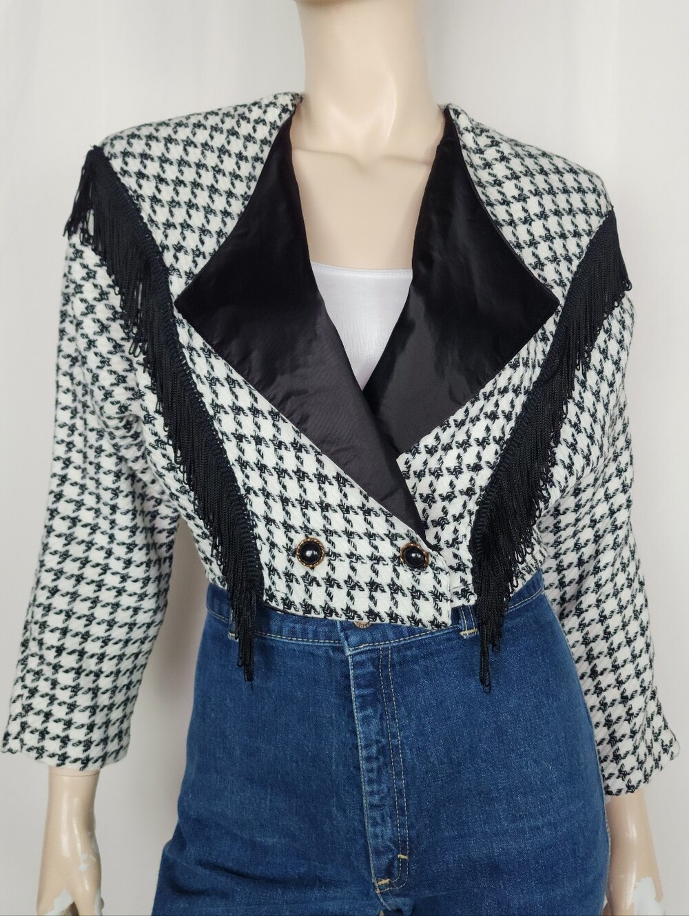 Vtg 80s fringe cropped blazer back lace up tail S-M